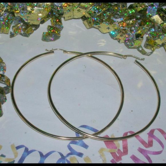 Large Lightweight Womens 10k & 14k Solid Yellow Gold 2.75" SKINNY HOOPS 70mm